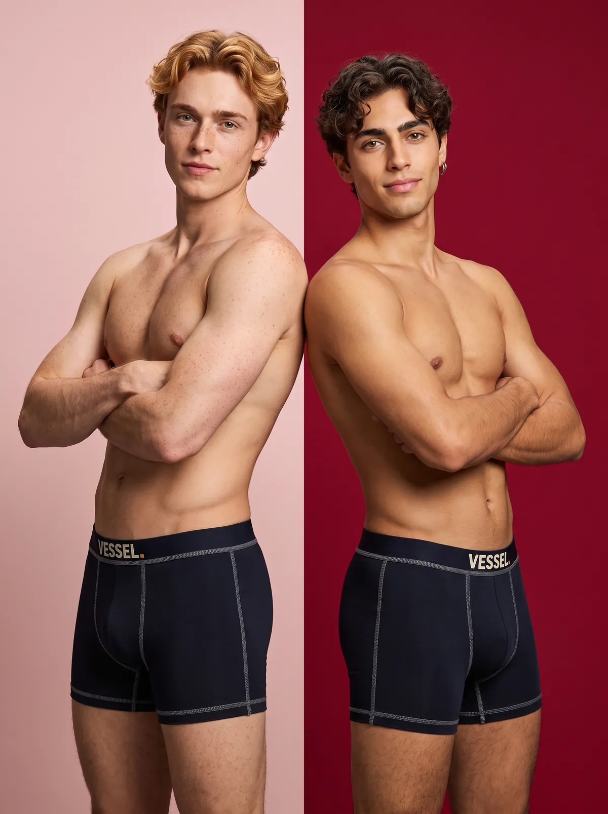 BOY DOLL and ANJINHO side by side, arms crossed, in VESSEL. boxer briefs