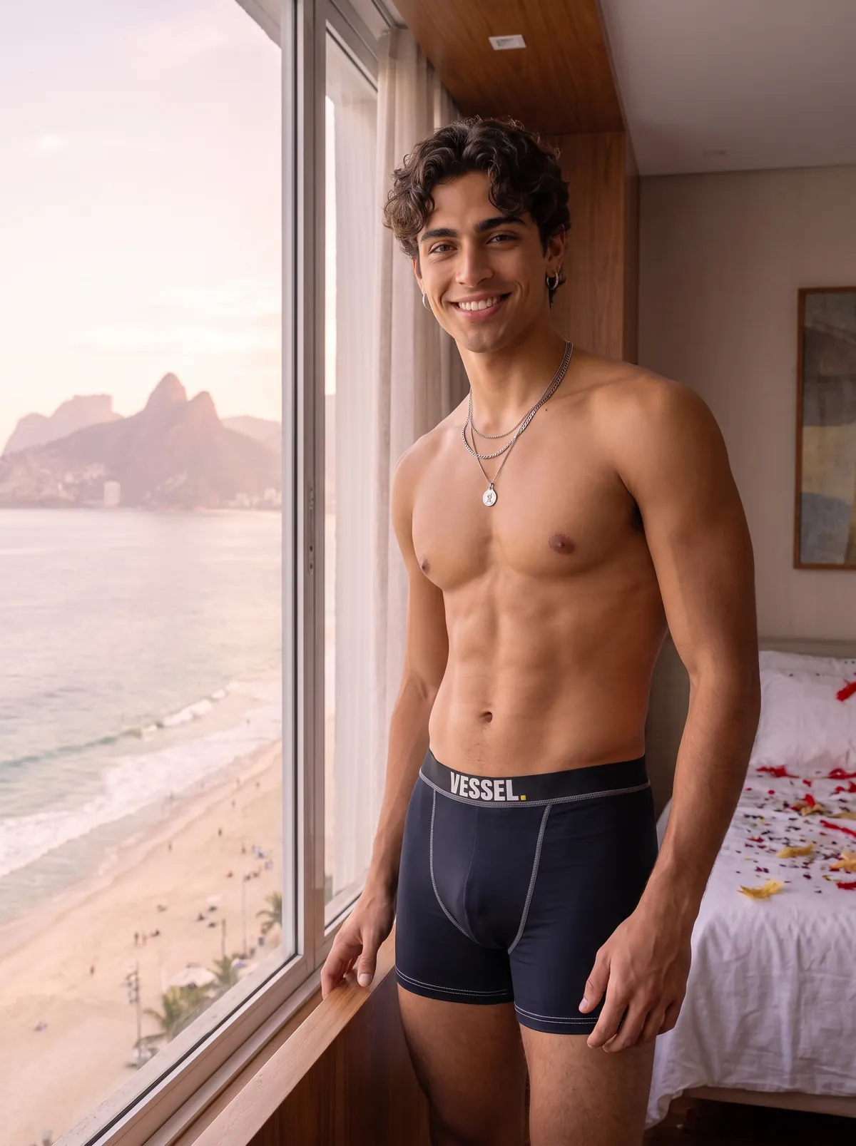 ANJINHO by a hotel window above a Rio de Janeiro beach