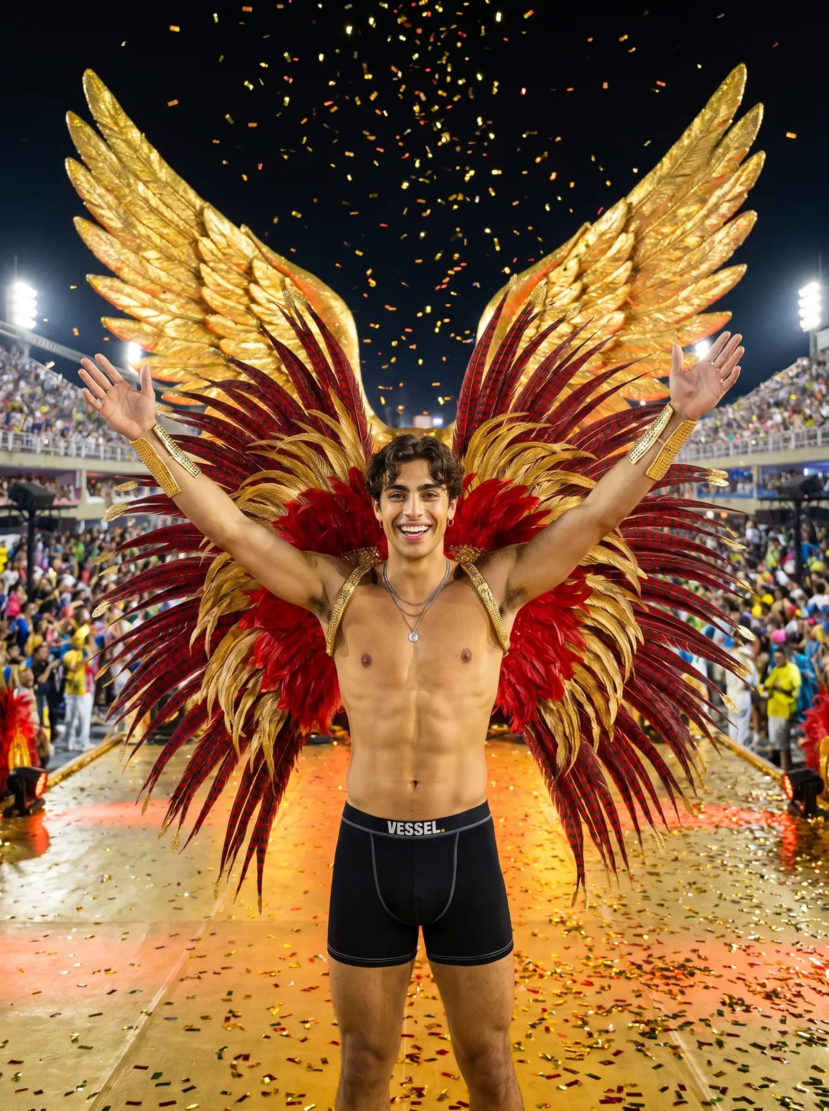 ANJINHO in gold and red carnival wings under falling confetti