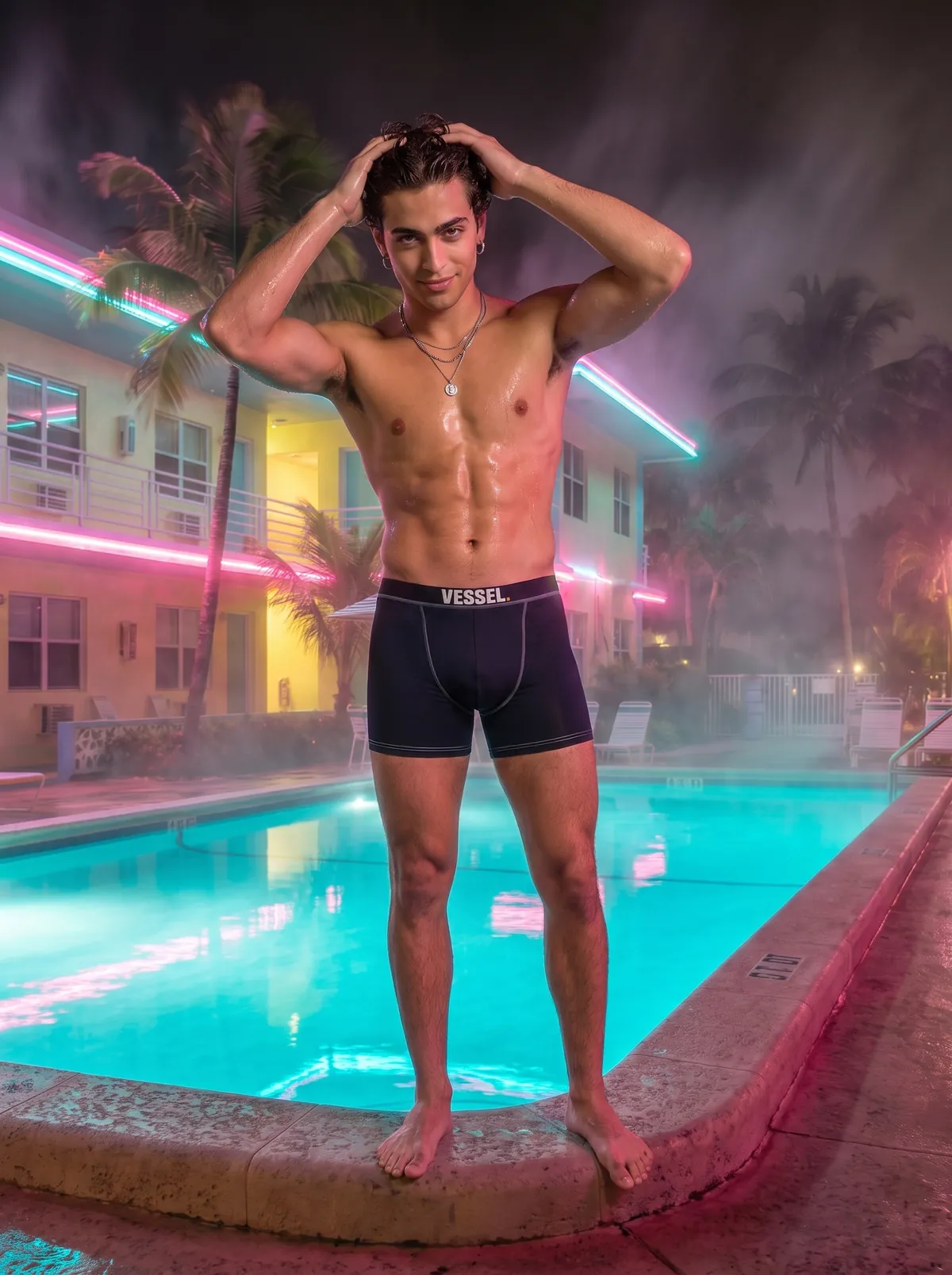 ANJINHO at the edge of a neon-lit Miami pool at night